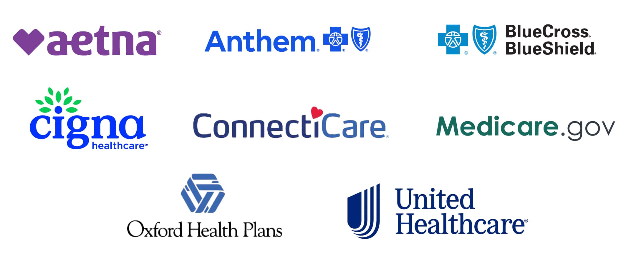 Insurance Logos: Aetna, Anthem, Blue Cross Blue Shield, Cigna, ConnetiCare, Medicare, Oxford Health Plans, United Healthcare
